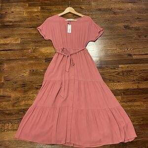 BB Dakota Terra Cotta/Rose colored tiered dress with waist tie.